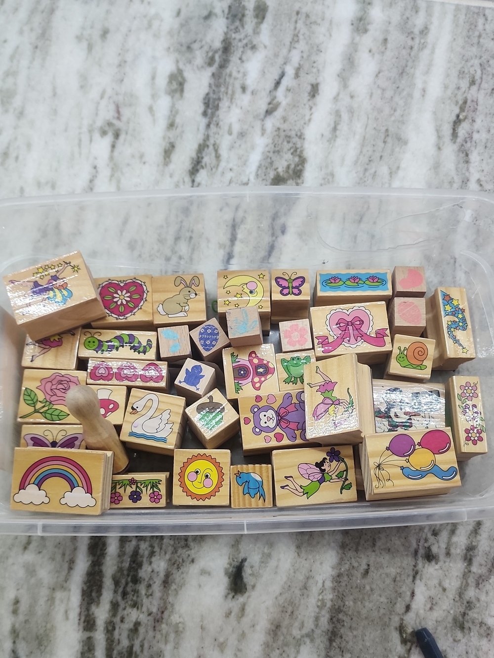 Large Lot of Wooden Rubber Stamps – Cute Kids Themes, Flowers, Animals, Fairies